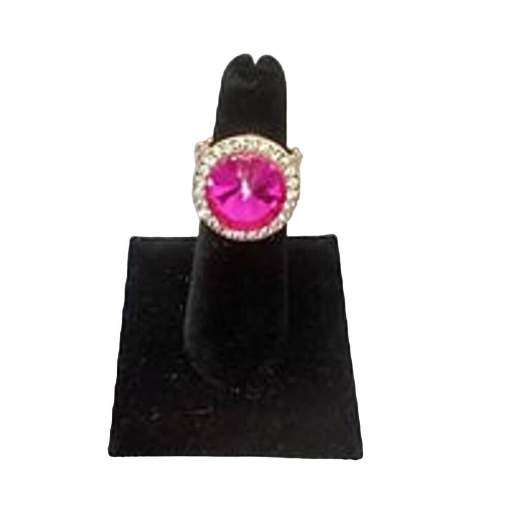Fuchsia Rivoli Statement Stretch Ring Small Clear Rhinestones Gold Tone